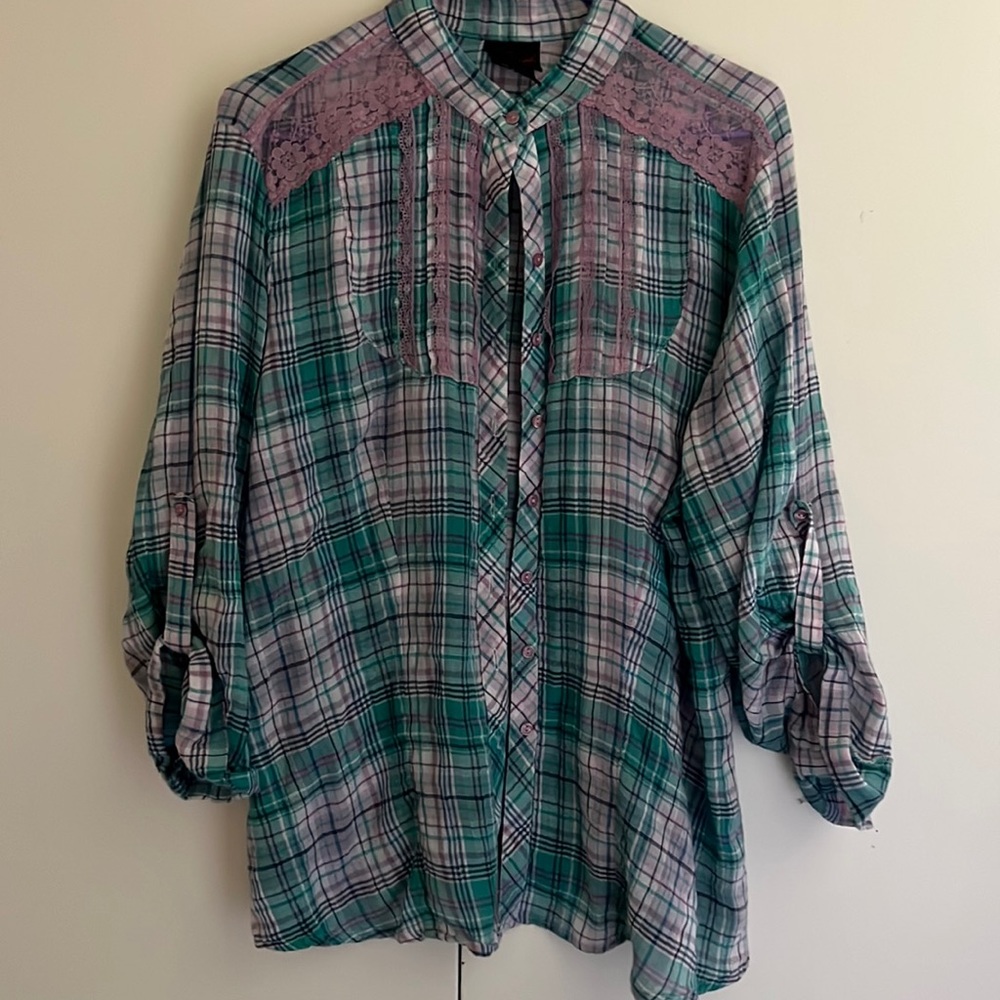 Torrid Button Down Gauze Shirt with Lace